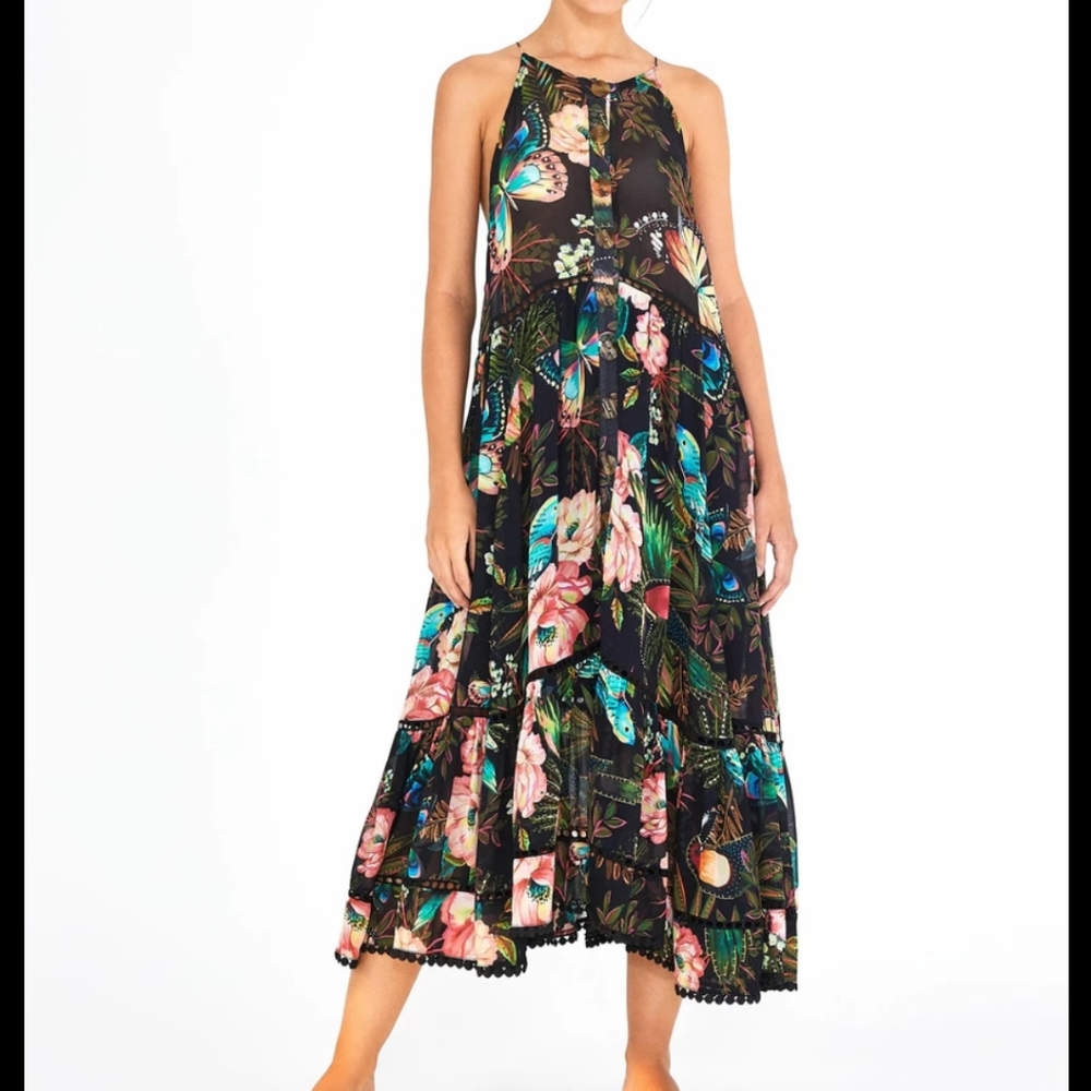 Farm Rio garden sleevless tiered dress M